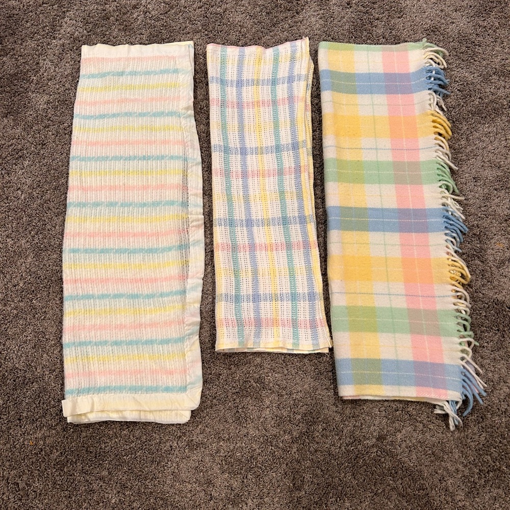 Vintage Pastel Stain Stripe /Waffle Knit/ Flannel Baby Blankets 3 Total